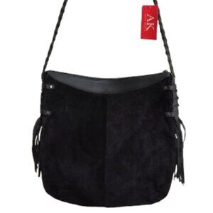 NEW Vintage '99 ANNE KLEIN Black Suede Braided Strap Fringe Crossbody Hobo Bag